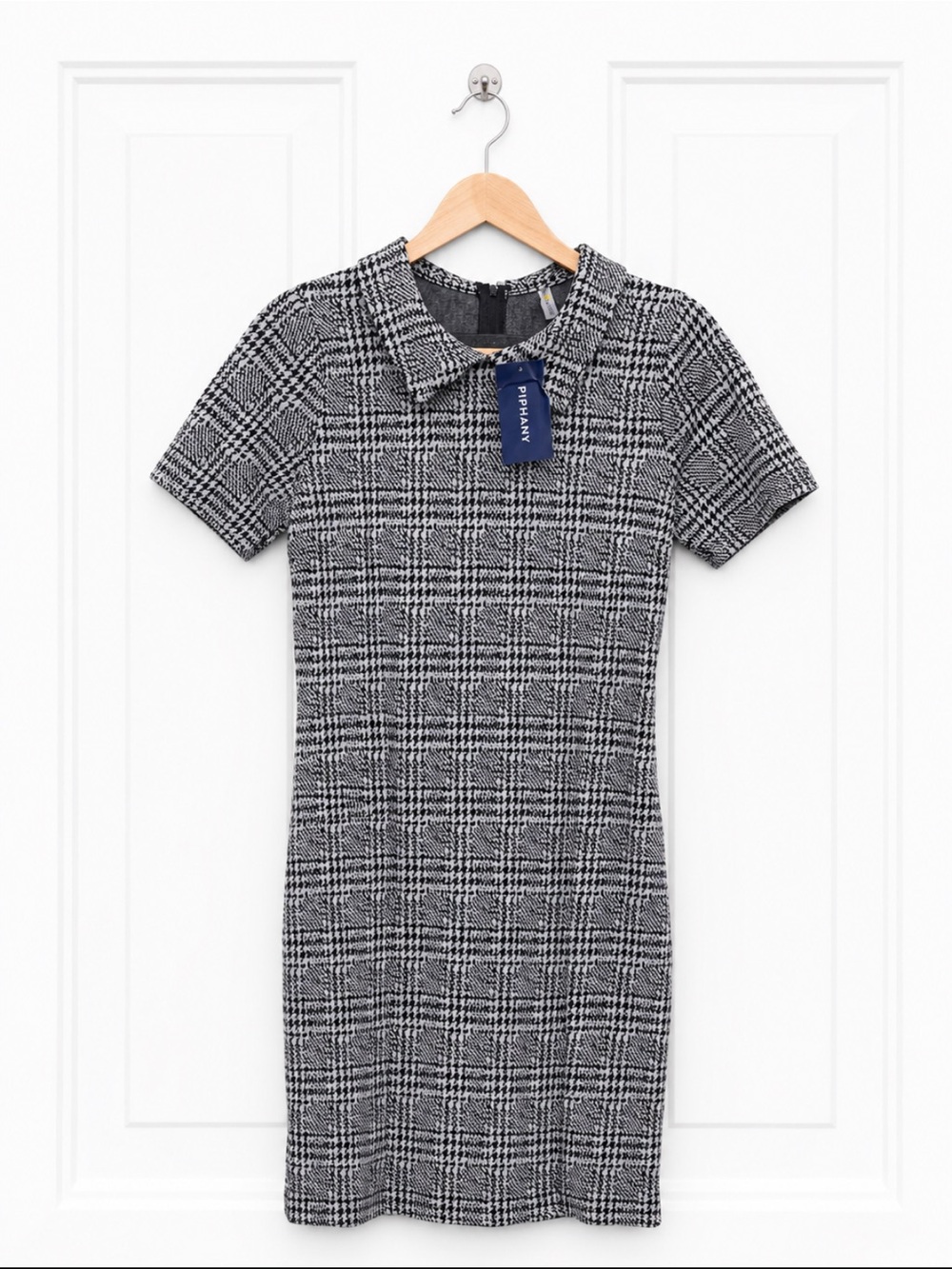 Piphany Womens Small Black White Glen Plaid Peter Pan Collar Sheath Dress New